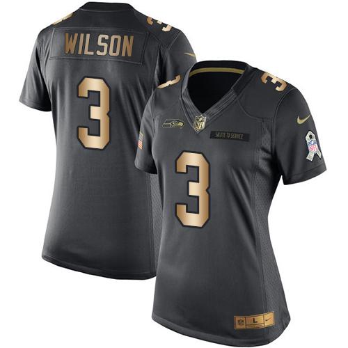 Nike Seahawks #3 Russell Wilson Black Women's Stitched NFL Limited Gold Salute to Service Jersey