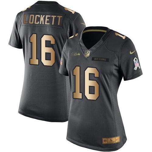 Nike Seahawks #16 Tyler Lockett Black Women's Stitched NFL Limited Gold Salute to Service Jersey