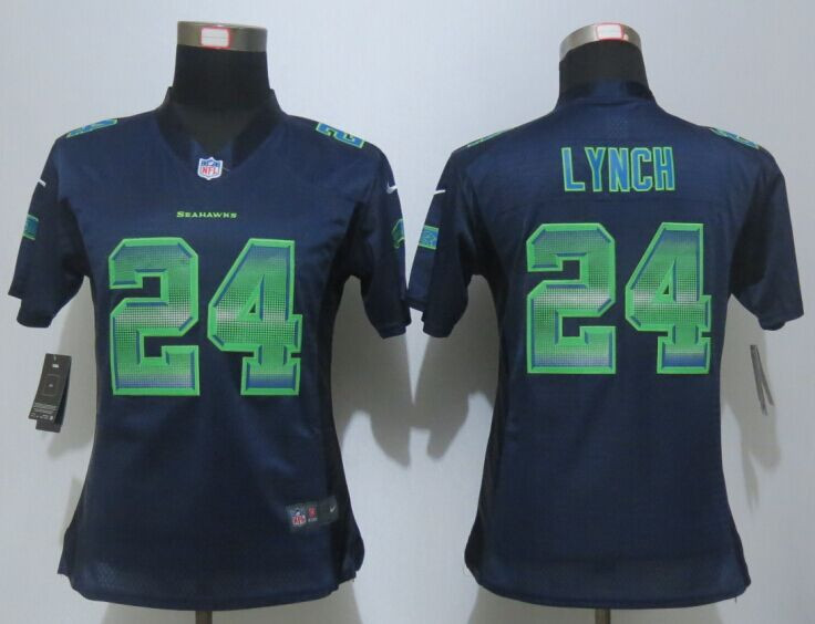 Women New Nike Seattle Seahawks 24 Marshawn Lynch Navy Blue Strobe Elite Jersey