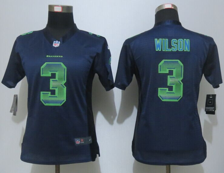 Women New Nike Seattle Seahawks #3 Russell Wilson Navy Blue Strobe Elite Jersey