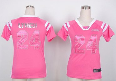 NEW Seattle Seahawks 24 Marshawn Lynch Women Draft Him Shimmer V-Neck T-Shirt - Pink