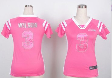 NEW Seattle Seahawks 3 Russell Wilson Women Draft Him Shimmer V-Neck T-Shirt - Pink