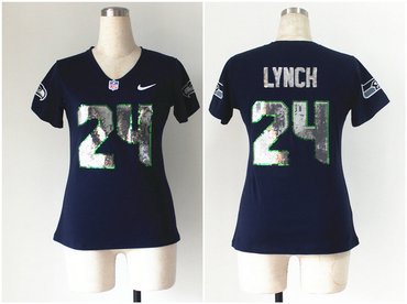 NEW women jerseys Seattle Seahawks 24 Marshawn Lynch Blue(Handwork Sequin lettering Fashion)