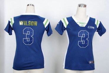 Seattle Seahawks 3 Russell Wilson Womens Draft Him Shimmer V-Neck T-Shirt - Navy Blue