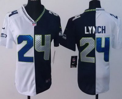 Women NEW Seattle Seahawks 24# Marshawn Lynch White Blue Split NFL Jerseys