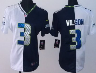 Women NEW Seattle Seahawks #3 Russell Wilson White Blue Split NFL Jerseys