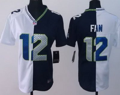 Women NEW Seattle Seahawks 12# Fan White Blue Split NFL Jerseys