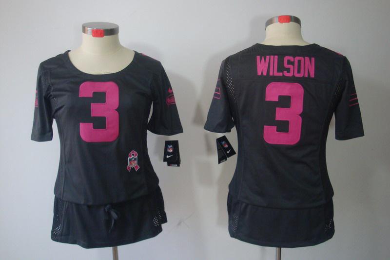 Womens NEW Seattle Seahawks 3 Russell Wilson breast Cancer Awareness Dark grey Jerseys