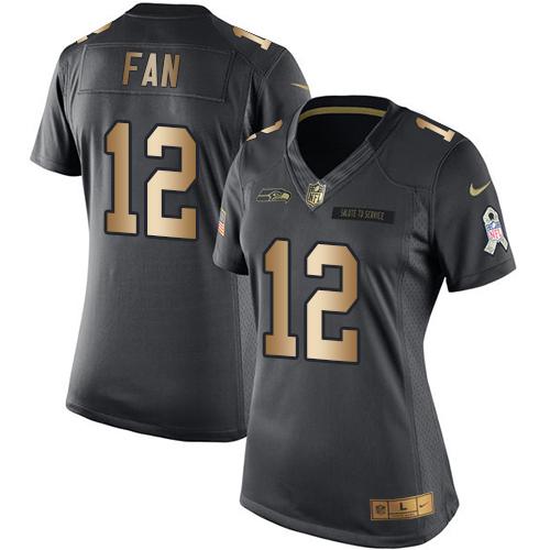 Nike Seahawks #12 Fan Black Women's Stitched NFL Limited Gold Salute to Service Jersey