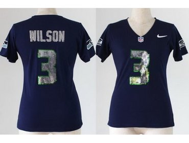 Women NEW Seattle Seahawks 3 Russell Wilson Blue Handwork Sequin lettering Fashion NFL Jerseys