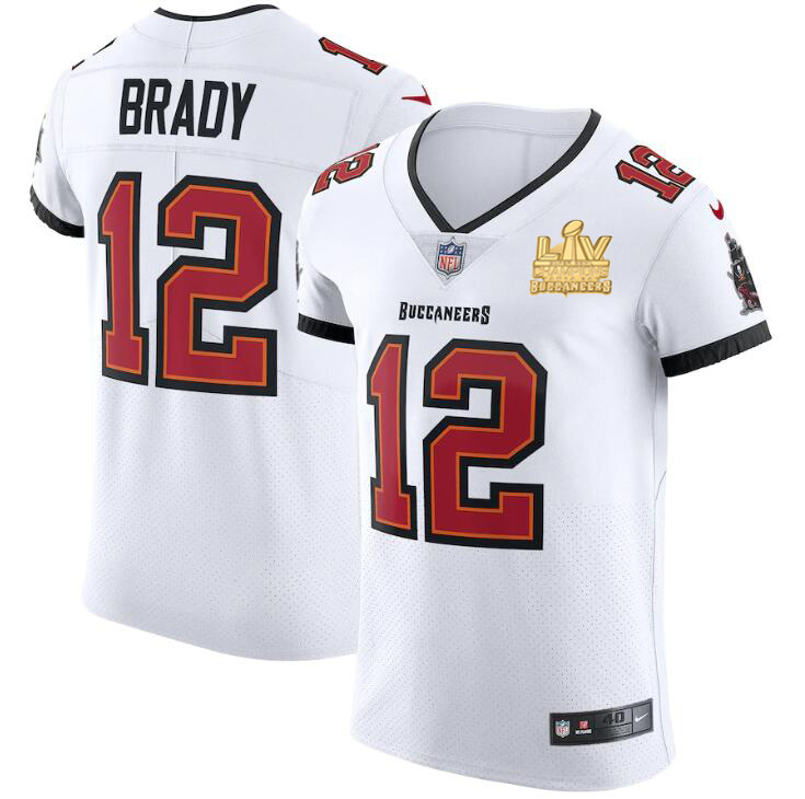 Tampa Bay Buccaneers #12 Tom Brady Men's Super Bowl LV Champions Patch Nike White Vapor Elite Jersey