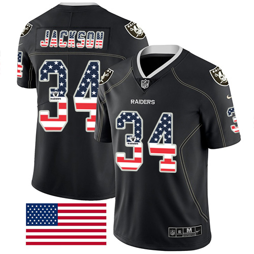 Raiders #34 Bo Jackson Black Men's Stitched Football Limited Rush USA Flag Jersey