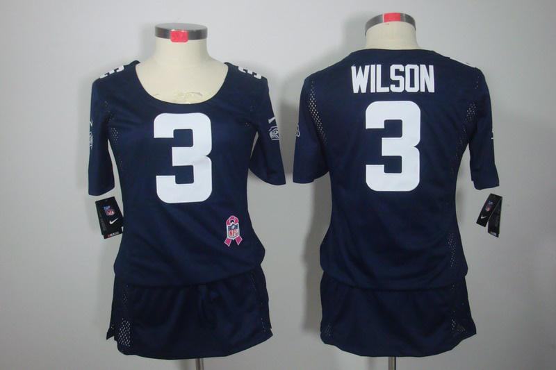 Womens NEW Seattle Seahawks 3 Russell Wilson breast Cancer Awareness Blue Jerseys