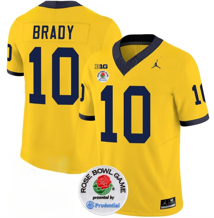 Men's Michigan Wolverines #10 Tom Brady 2023 F.U.S.E. Yellow Rose Bowl Patch Stitched Jersey