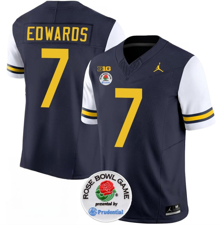 Men's Michigan Wolverines #7 Donovan Edwards 2023 F.U.S.E. Navy White Rose Bowl Patch Stitched Jersey