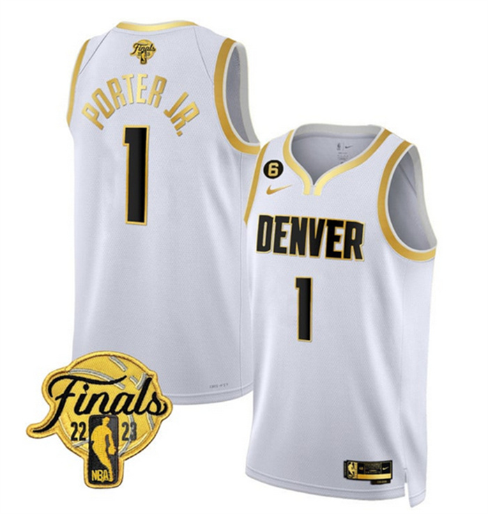 Men's Denver Nuggets #1 Michael Porter Jr. White Gold Edition 2023 Finals Collection With NO.6 Patch Stitched Basketball Jersey