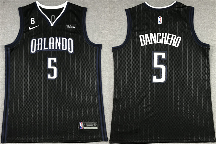 Men's Orlando Magic #5 Paolo Banchero Black With No.6 Patch Icon Edition Stitched Swingman Jersey