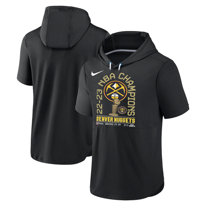 Men's Denver Nuggets Black 2022-23 Champions Performance Short Sleeve Pullover Hoodie 1