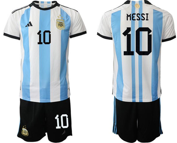 Men's Argentina #10 Messi White Blue 3 Stars Home Soccer Jersey Suit