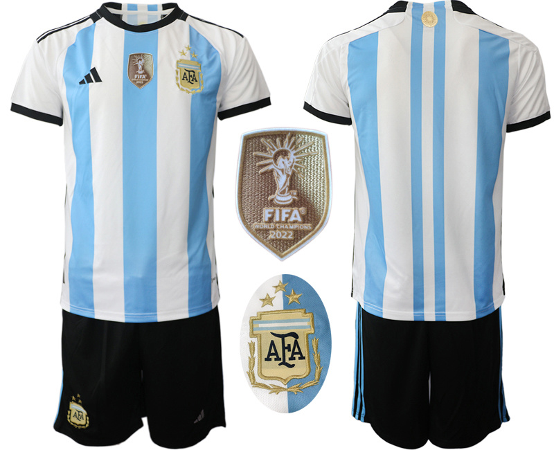 Men's Argentina Custom White Blue 2022 FIFA World Cup Final Winners Edition 3 Stars Home Soccer Jersey Suit