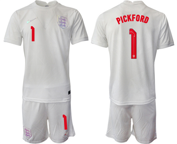 Men's England #1 Pickford White Home Soccer Jersey Suit 1