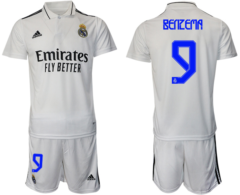 Men's Real Madrid #9 Karim Benzema 22 23 White Home Soccer Jersey Suit 1