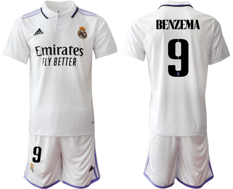 Men's Real Madrid #9 Karim Benzema 22 23 White Home Soccer Jersey Suit