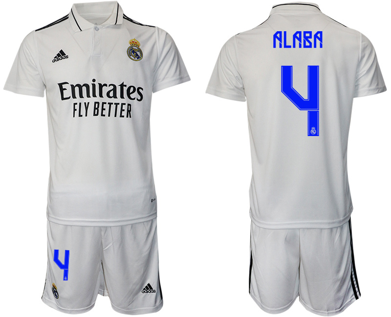 Men's Real Madrid #4 David Alaba 22 23 White Home Soccer Jersey Suit 1