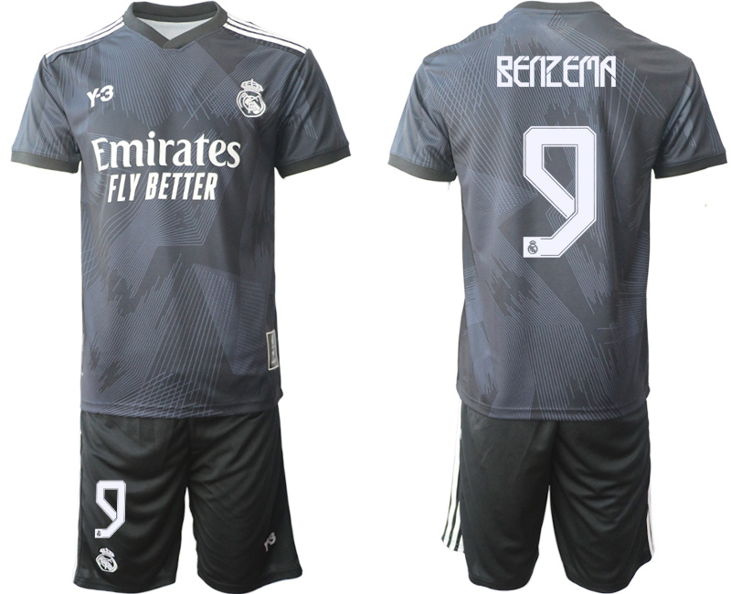 Men's Real Madrid #9 Karim Benzema 22 23 Black Soccer Jersey Suit