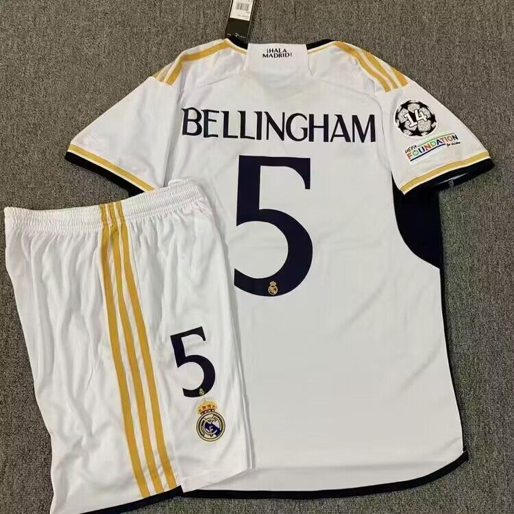 2023-24 Real Madrid 5 Bellingham Home Soccer Champions Jersey set