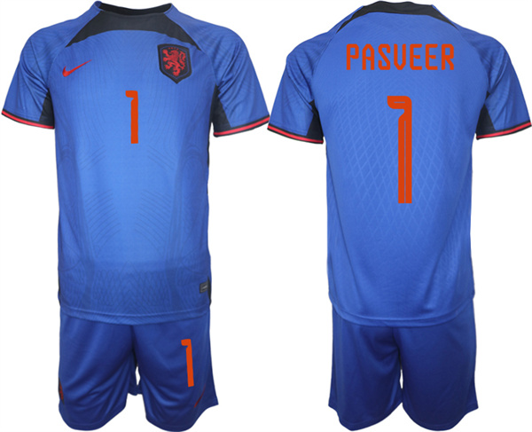 Men's Netherlands #1 Pasveer Royal Away Soccer Jersey Suit