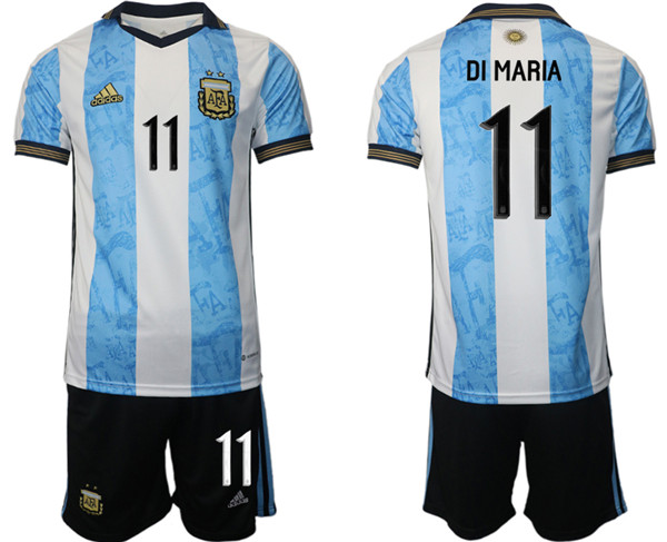 Men's Argentina #11 Di Maria White Blue Home Soccer Jersey Suit