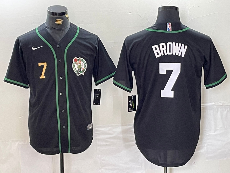 Men's Boston Celtics #7 Jaylen Brown Black With Patch Stitched Baseball Jersey 3