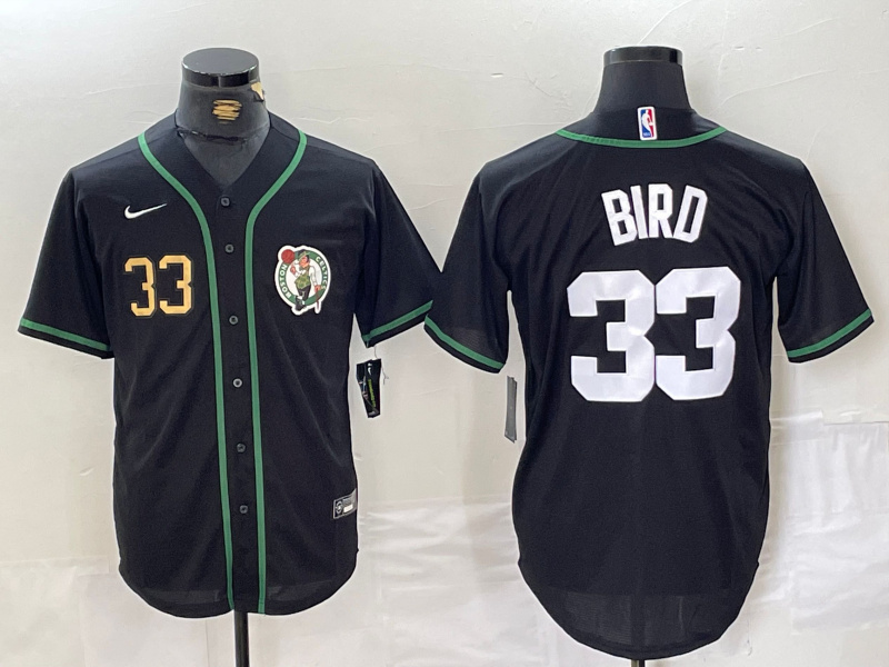 Men's Boston Celtics #33 Larry Bird Black With Patch Stitched Baseball Jersey 2