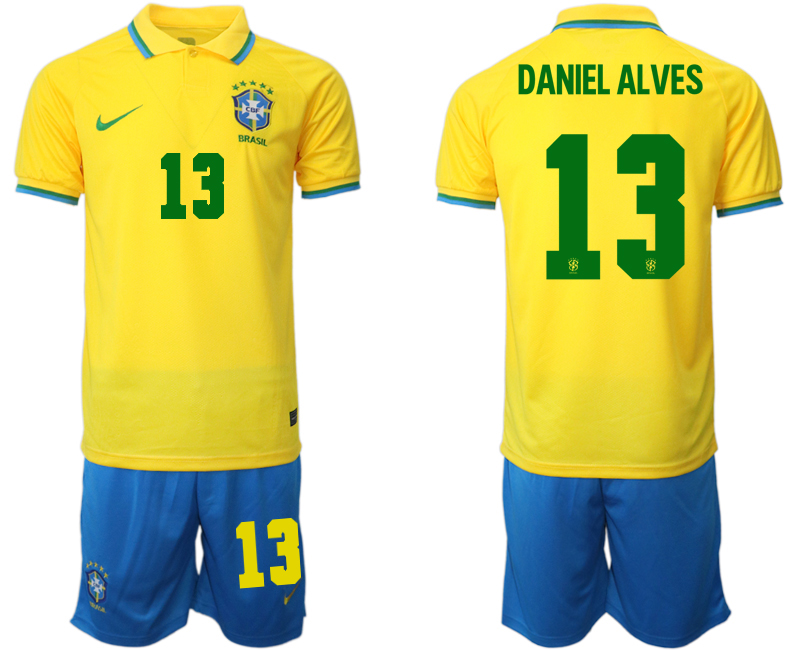 Men's Brazil #13 Daniel Alves Yellow Home Soccer Jersey Suit