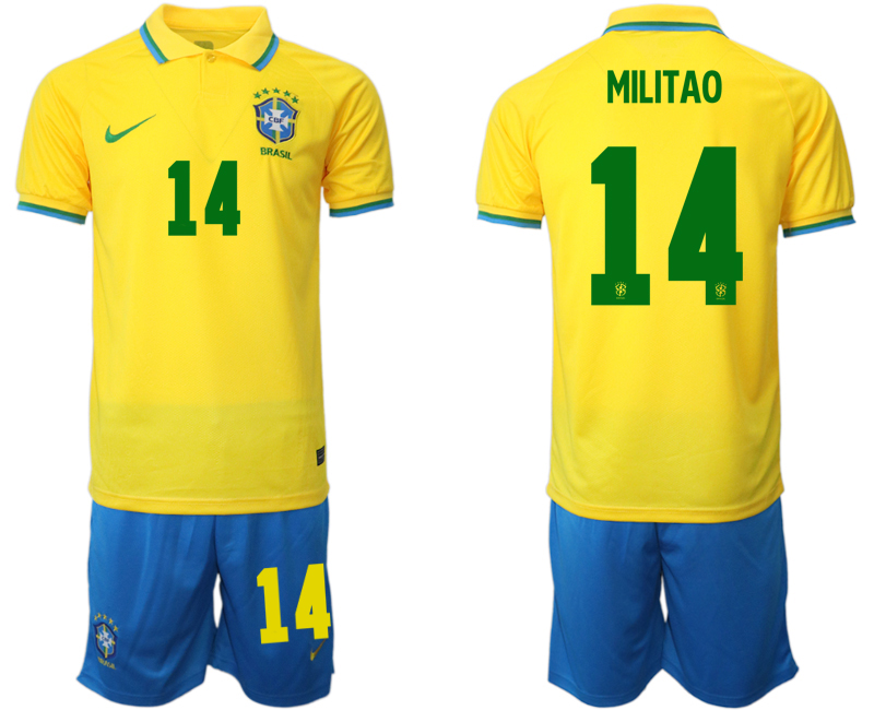 Men's Brazil #14 Milit?o Yellow Home Soccer Jersey Suit