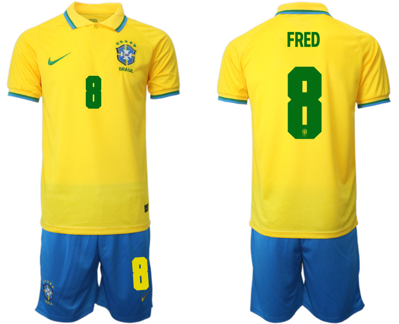 Men's Brazil #8 Fred Yellow Home Soccer Jersey Suit