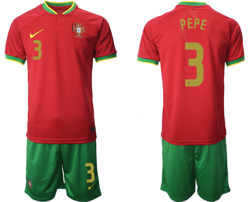 Men's Portugal #3 Pepe Red Home Soccer Jersey Suit