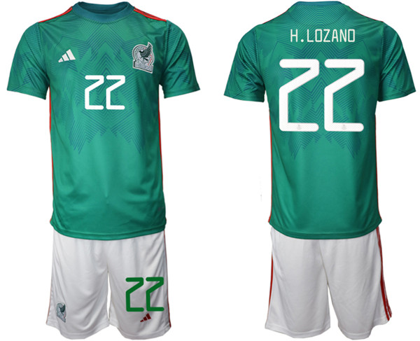 Men's Mexico #22 H.Lozano Green Home Soccer Jersey Suit