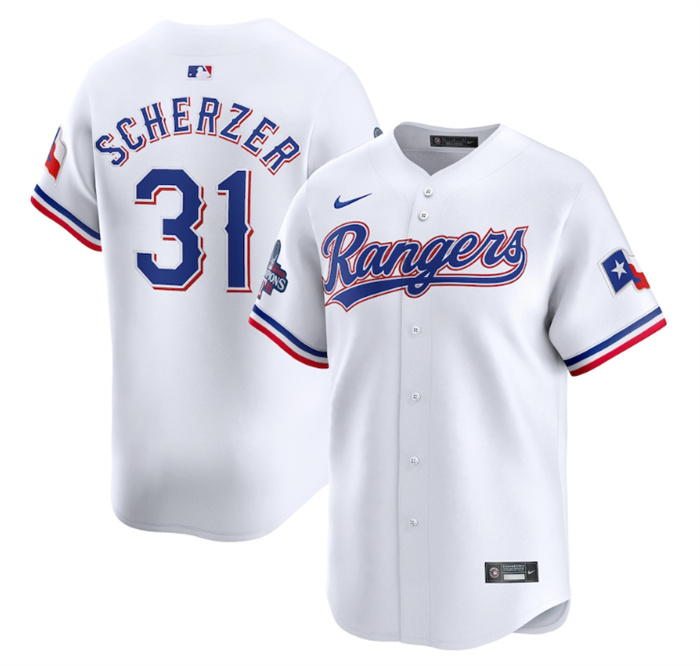 Men's Texas Rangers #31 Max Scherzer White 2023 World Series Champions Stitched Baseball Jersey