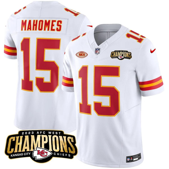 Men’s Kansas City Chiefs #15 Patrick Mahomes White 2023 F.U.S.E. AFC West Champions With NKH Patch Vapor Untouchable Limited Stitched Jersey