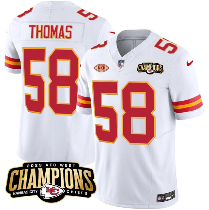 Men’s Kansas City Chiefs #58 Derrick Thomas White 2023 F.U.S.E. AFC West Champions With NKH Patch Vapor Untouchable Limited Stitched Jersey