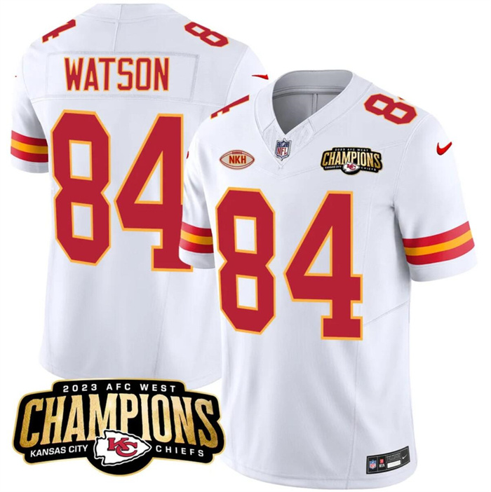 Men’s Kansas City Chiefs #84 Justin Watson White 2023 F.U.S.E. AFC West Champions With NKH Patch Vapor Untouchable Limited Stitched Jersey