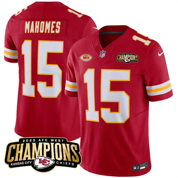 Men’s Kansas City Chiefs #15 Patrick Mahomes Red 2023 F.U.S.E. AFC West Champions With NKH Patch Vapor Untouchable Limited Stitched Jersey