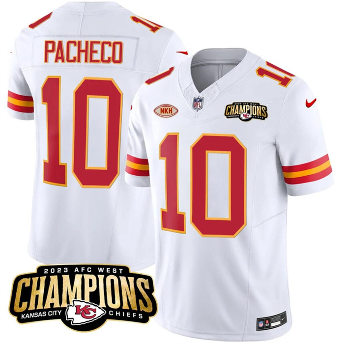 Men’s Kansas City Chiefs #10 Isiah Pacheco White 2023 F.U.S.E. AFC West Champions With NKH Patch Vapor Untouchable Limited Stitched Jersey