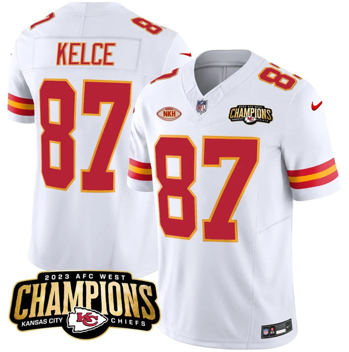 Men’s Kansas City Chiefs #87 Travis Kelce White 2023 F.U.S.E. AFC West Champions With NKH Patch Vapor Untouchable Limited Stitched Jersey