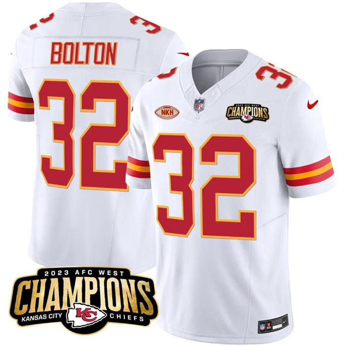 Men’s Kansas City Chiefs #32 Nick Bolton White 2023 F.U.S.E. AFC West Champions With NKH Patch Vapor Untouchable Limited Stitched Jersey