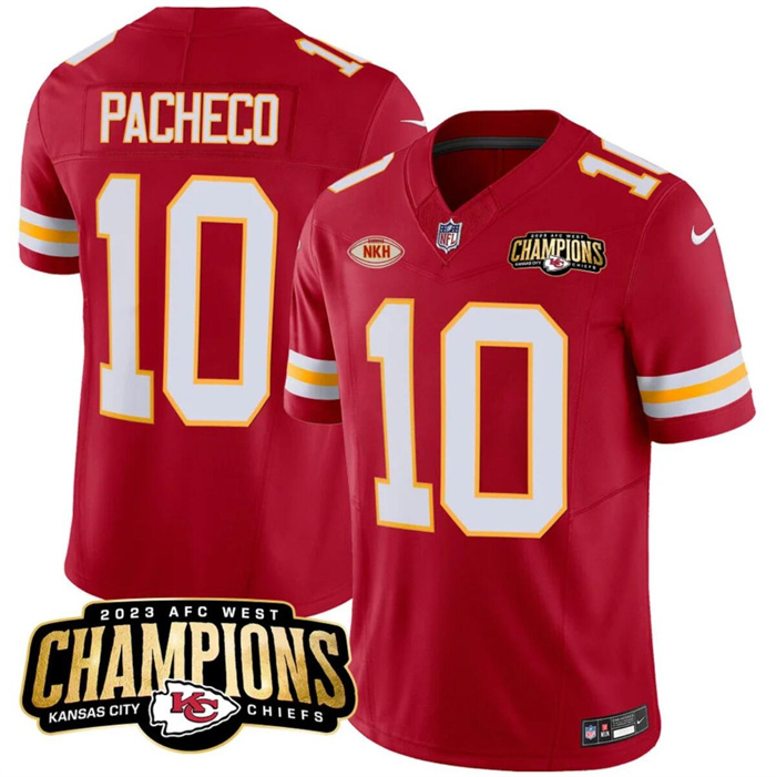 Men’s Kansas City Chiefs #10 Isiah Pacheco Red 2023 F.U.S.E. AFC West Champions With NKH Patch Vapor Untouchable Limited Stitched Jersey