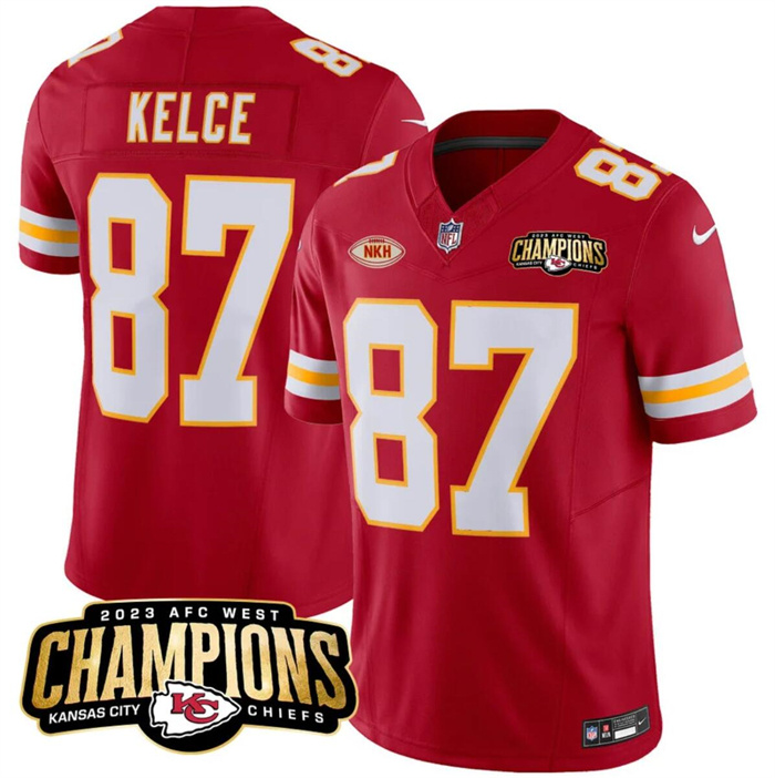 Men’s Kansas City Chiefs #87 Travis Kelce Red 2023 F.U.S.E. AFC West Champions With NKH Patch Vapor Untouchable Limited Stitched Jersey