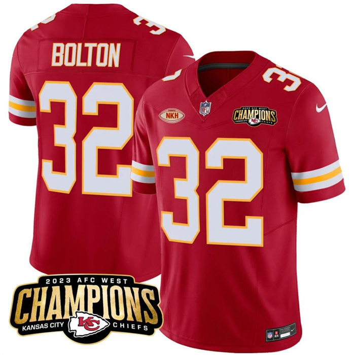 Men’s Kansas City Chiefs #32 Nick Bolton Red 2023 F.U.S.E. AFC West Champions With NKH Patch Vapor Untouchable Limited Stitched Jersey